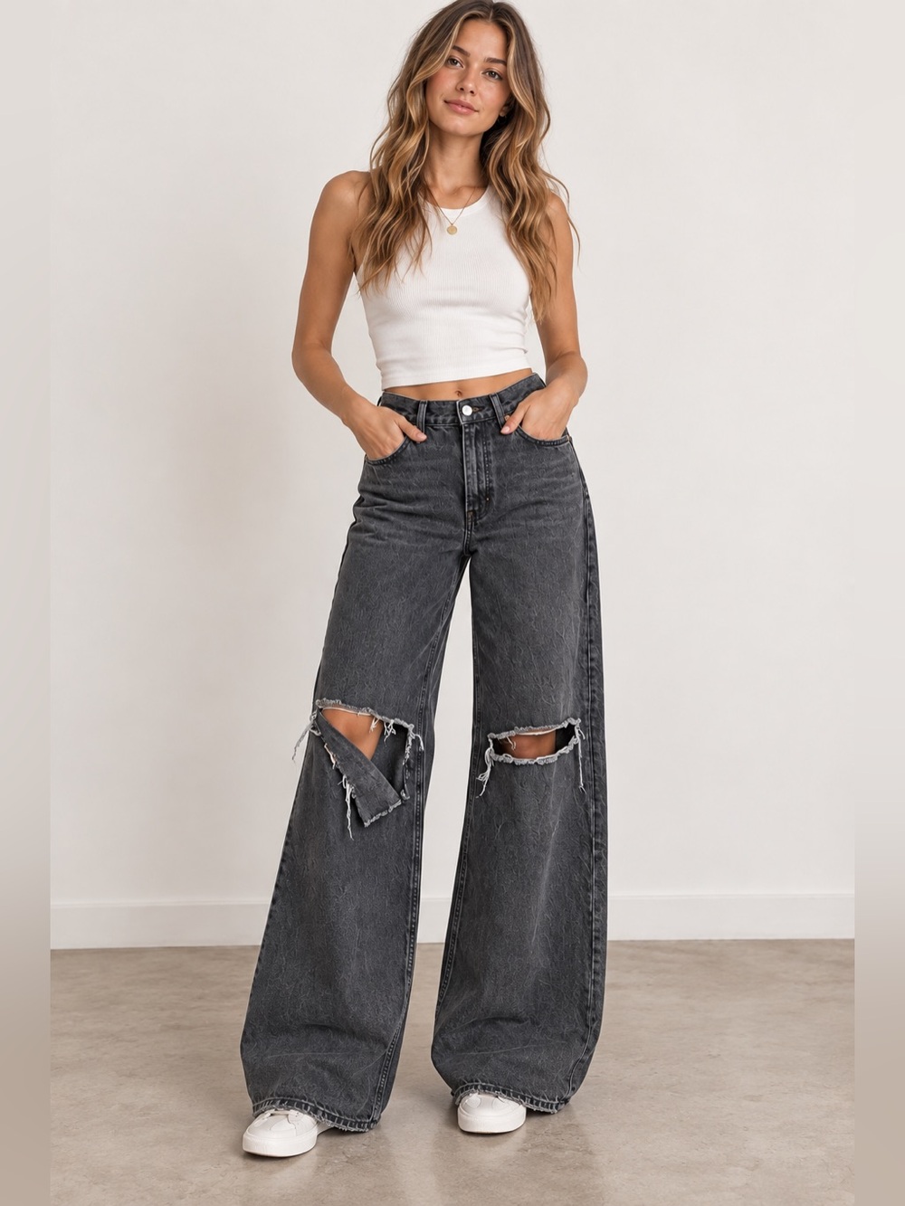 Free People We The Free Washed Black Distressed Wide-Leg Jeans